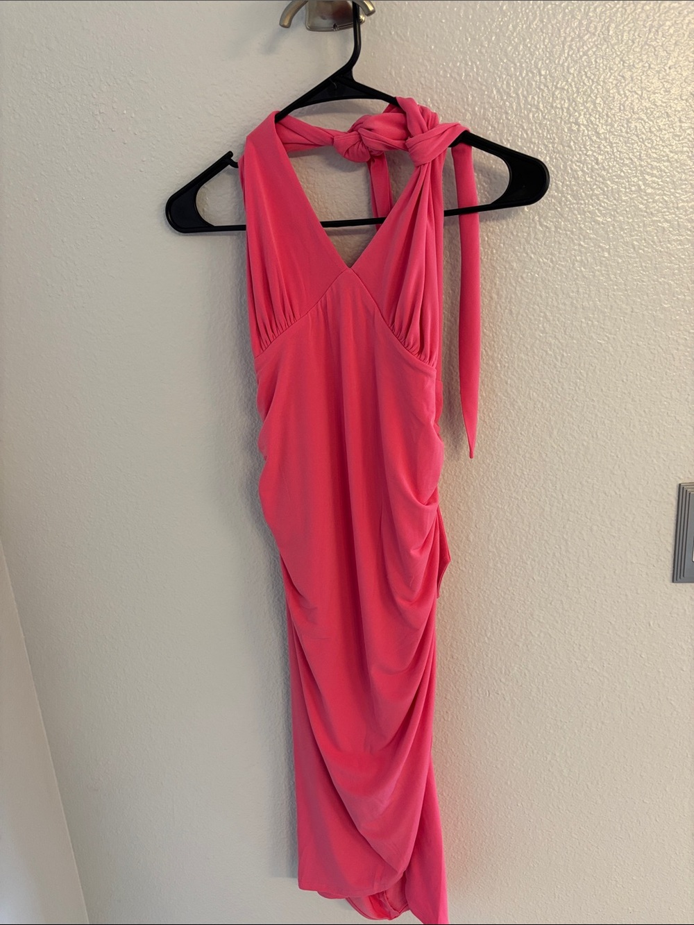VENUS Hot Pink Halter Midi Dress with Side Ruching